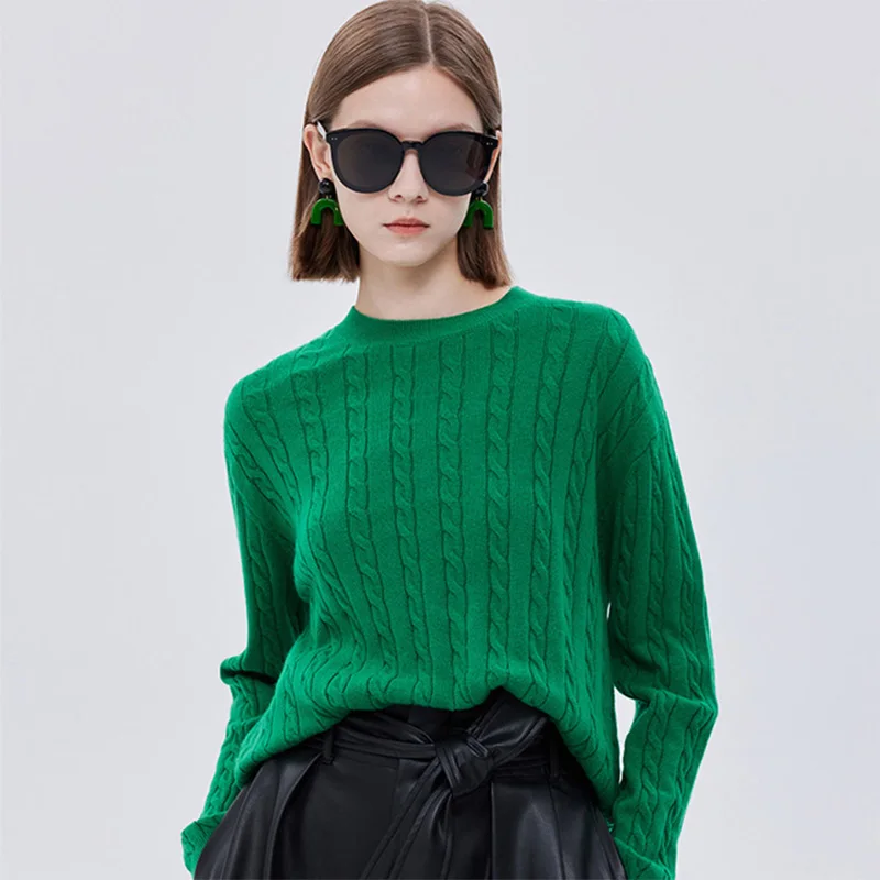 

Women's Green Round Neck Sweater Spring Autumn New Style Lazy Style High Grade 100% Pure Wool Loose Long Sleeve Knitted pullover