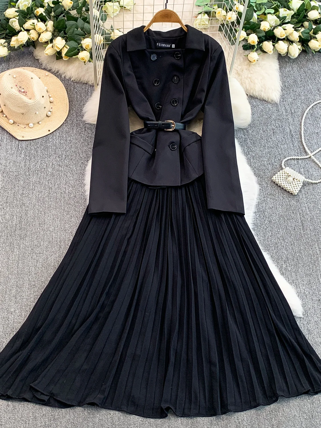 Hebe Sle Vintage Double-Breasted Kraag Dr vrouwen Herfst Winter Belted Afslanken Plaid Lange Rok Ci Pendelen A-lijn