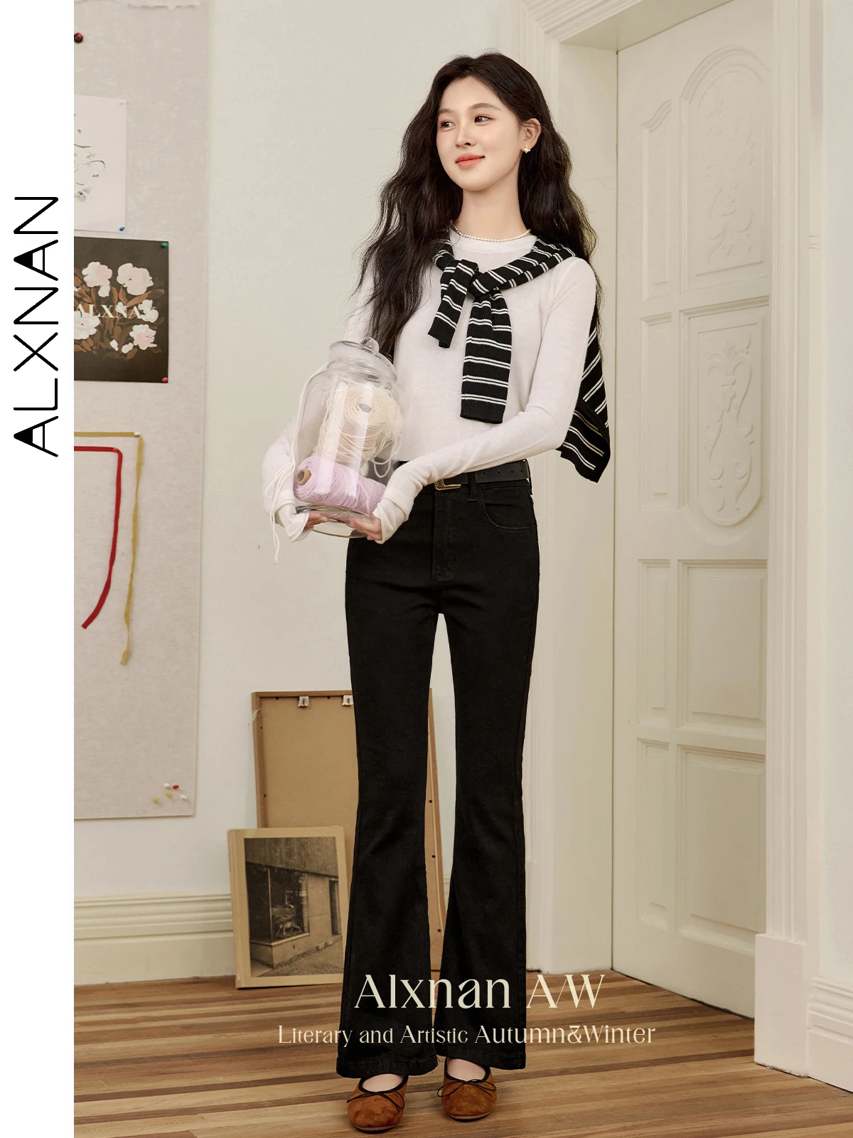 ALXNAN 블랙 플레어 진 2025 더블 버튼 소프트 엘라스틱 여성 바지 우아함 내추럴 가을 겨울 여성용 바지 L50607