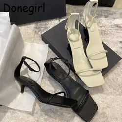 Donegirl 2024 New Women Leather Square Head Fine Midi Heel Sandals Casual Versatile Solid One-way Strap Shoes Female Chic Ladies