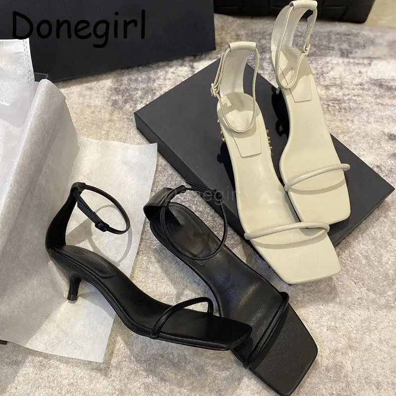 Donegirl 2024 New Women Leather Square Head Fine Midi Heel Sandals Casual Versatile Solid One-way Strap Shoes Female Chic Ladies