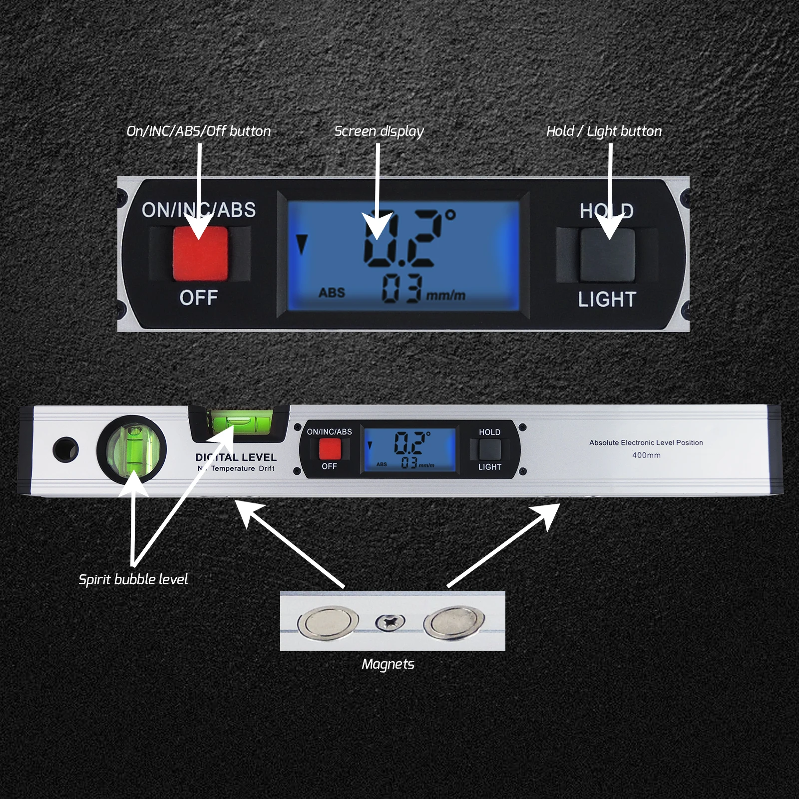 Digital Angle Gauge 360° High-Precision Level with Magnets & Flip Display with 4 Strong Magnets for Carpentry Woordworking