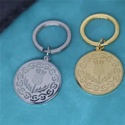 Scottish Thistle Medallion Pendant Keychain For Men Women Stainless Steel Golden Jewelry Ethnic Pendant Key Chains