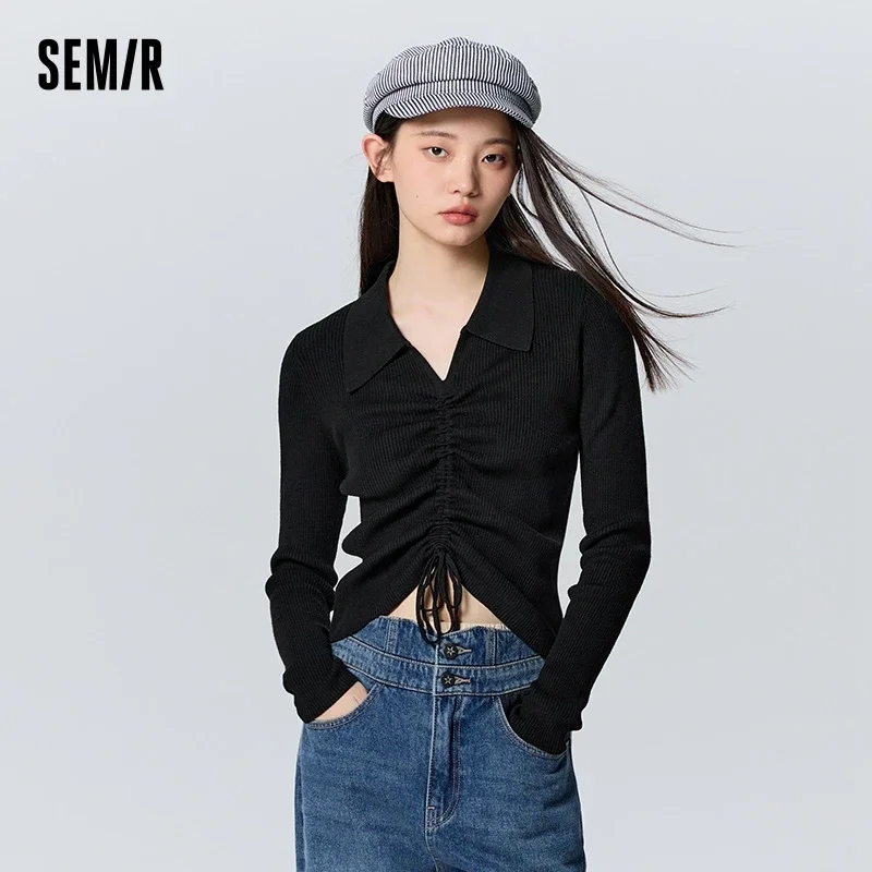 Semir Sweater Women Short Polo Collar Solid Color Slimming Winter Drawstring Pullover