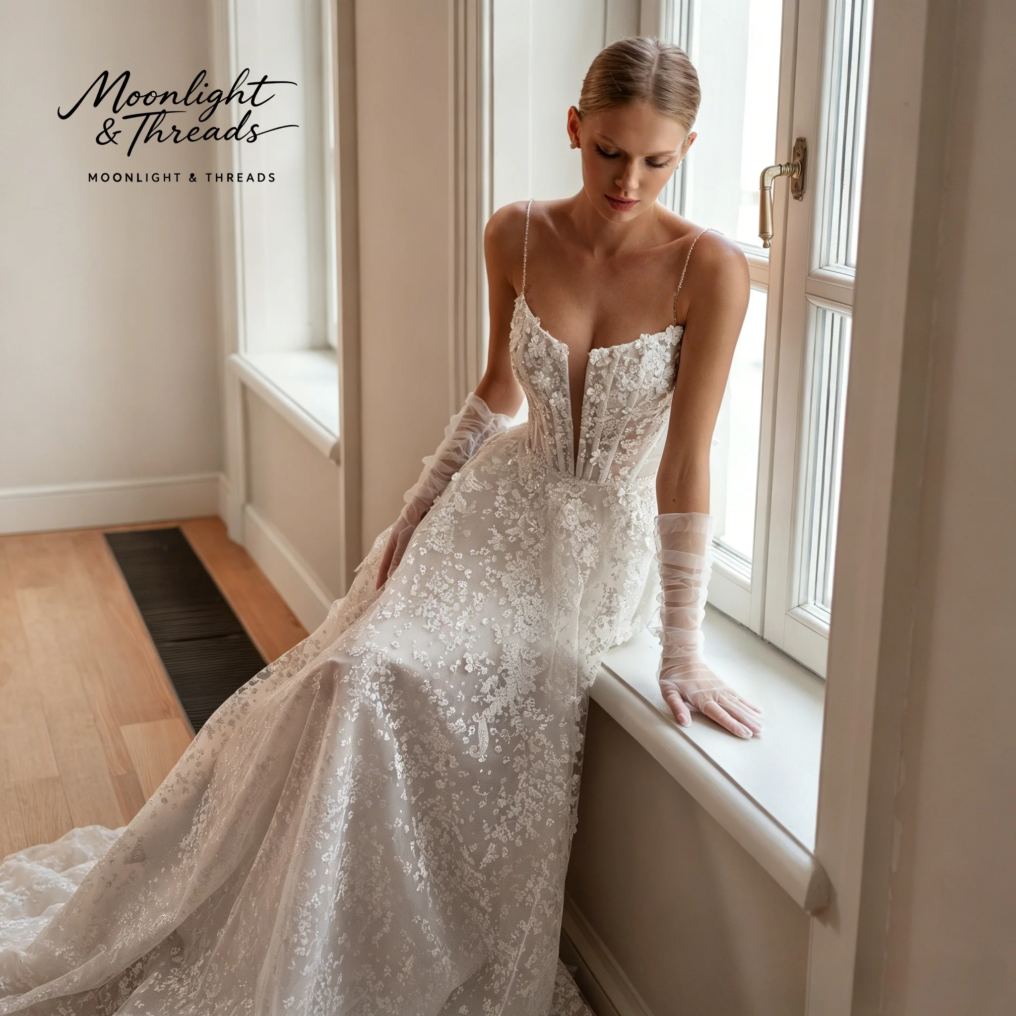 White halter-neck A-line dress floor-length formal occasion wedding gown with delicate French herringbone embroidery