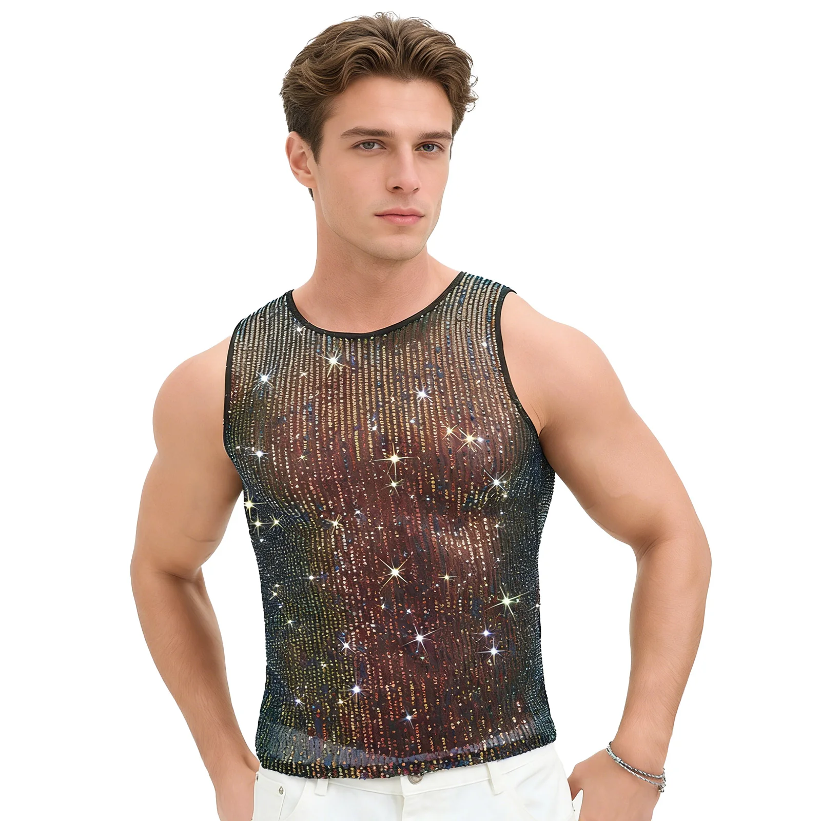 Mens Sheer Mesh Tank Top with Allover Rhinestone Crew Neck Stretchy Vest Glittery Clubwear Rave Party Music Festivals Costume