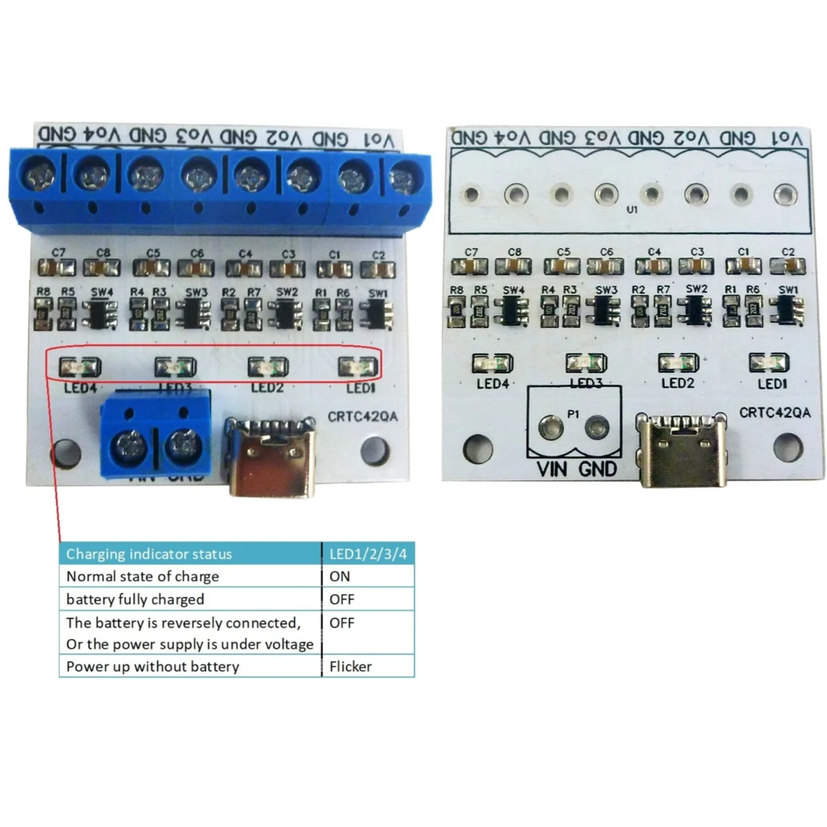 

CRTC42QA 4 Ch TYPE-C 1-cell Lithium LiPo Polymer Li-Ion Charger Module For 3.7V 18650 503035 603443 Battery