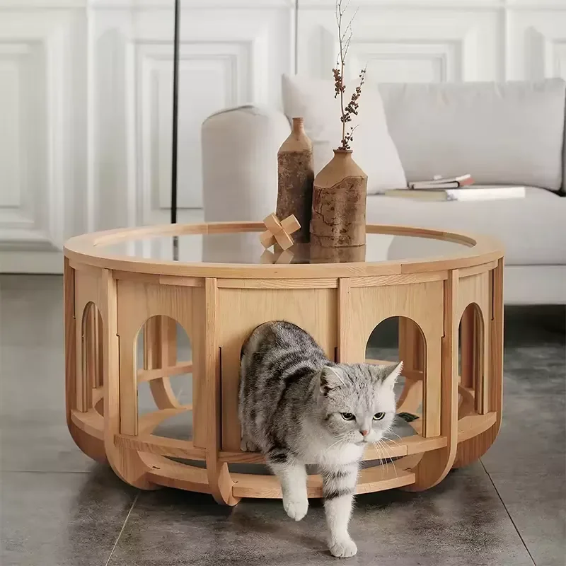 Modern Luxury Red Oak Solid Wood Coffee Table Creative Nordic Italian Glass Villa Living Room Cat Bed Side Table Pet Friendly