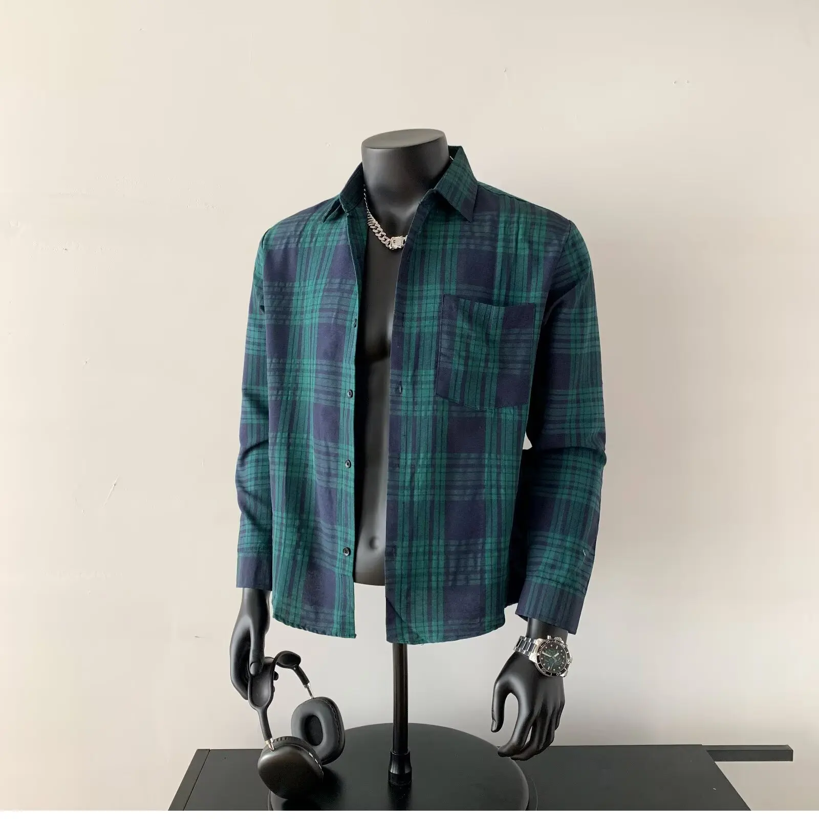 

2026 New Plaid Shirt Men's Long Sleeve Spring Autumn American Retro Green High-End Feeling Shirt Jacket Standard Fit Polyeste...
