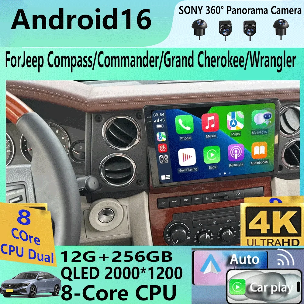 Android 16 Car Radio QLED GPS Navigation Multimedia Player For Jeep Compass/Commander/Grand Cherokee/Wrangler/Liberty AutoRadio