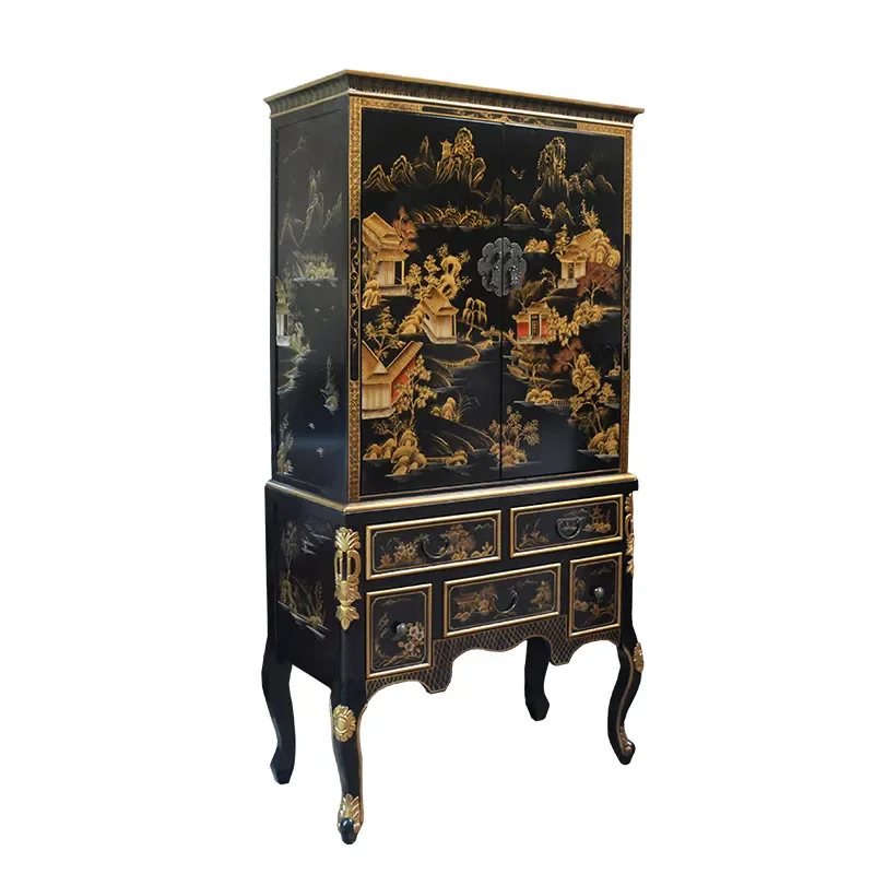 New Chinese Classical Hand Painted Wardrobe Entrance Cabinet Foyer Shoe Cabinet Retro Solid Wood Partition Cabinet Living