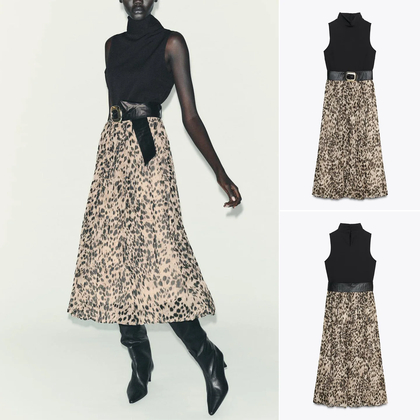 Outono feminino gola alta Svel estampa animal patchwork com cinto Midi Dr tecido de seda reunido versão X bola de ajuste solto...