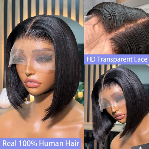 Imagen 2 del producto Peluca Bob corta recta negra prearrancada 13x4 4x4 pelucas de cabello humano Frontal de encaje cabello vietnamita 200% peluca Bob recta de hueso de densidad