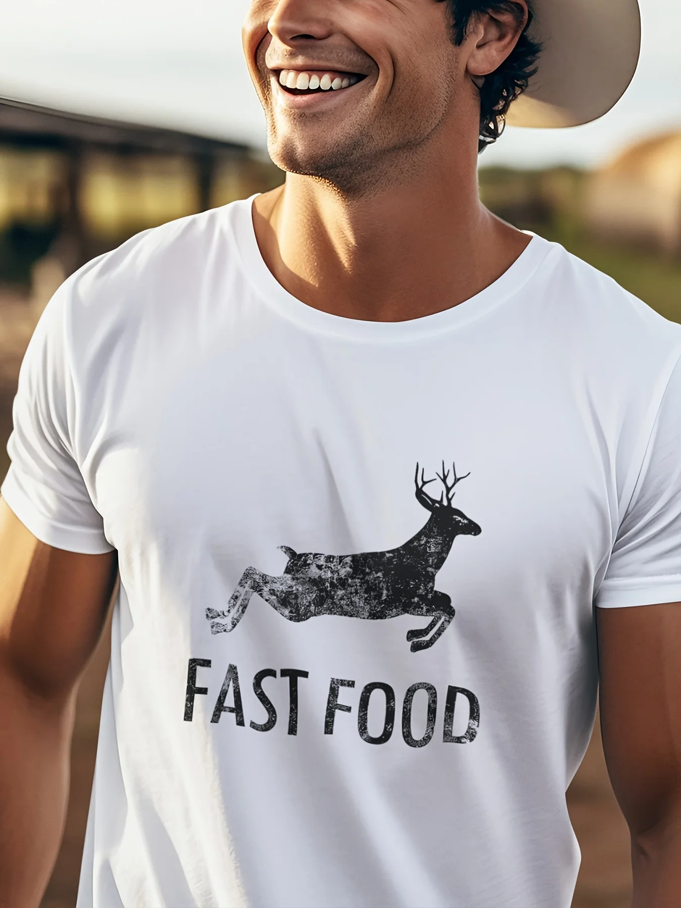 Funny Deer Hunting Tee - Men's Short Sleeve Graphic T-Shirt with Fast Food Print