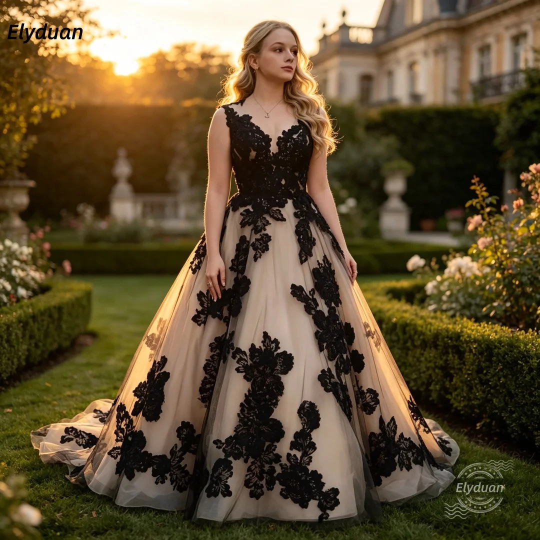 Romantic Champagne Black Lace Wedding Dress Deep V Neck Sleeveless Floral Applique Tulle A Line Bridal Gown Customized