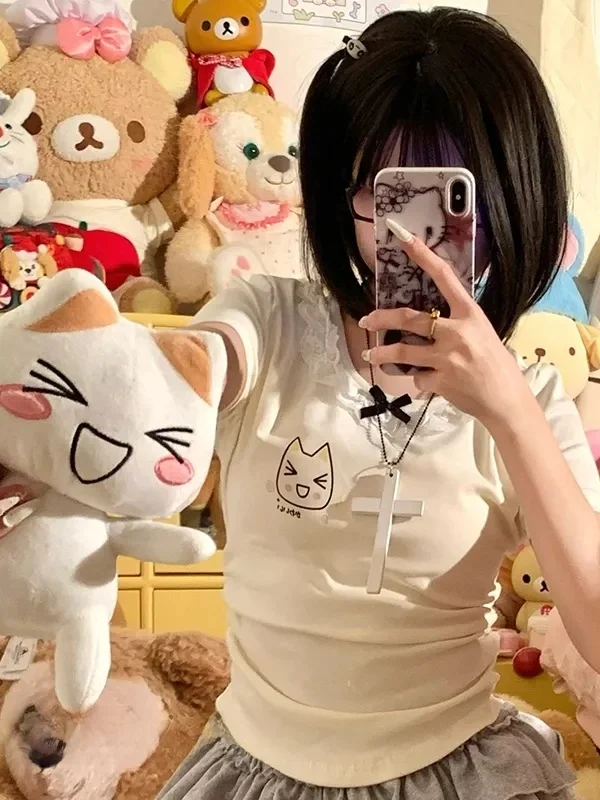 

Design Sensation Summer New Pure Cotton ort Sve Women's T-irt Lace Trim Sweet And Spicy Girl Korean Sle Top