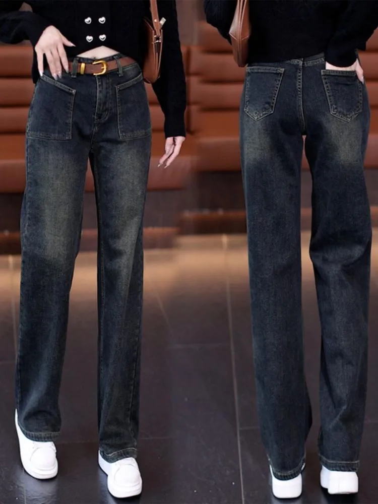 Retro Fce Lined Loose Fit Straight Leg Denim Wide Leg Pants Women's Slimming Trousers High Waist Long Pants Winter Faion