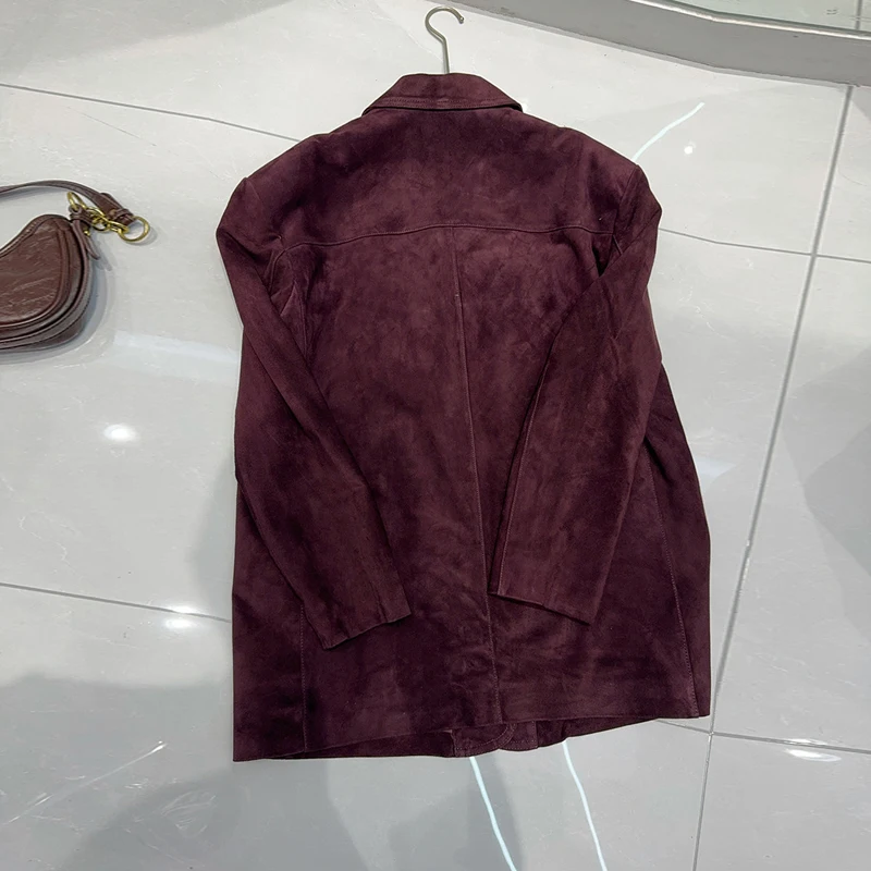 Moda wino czerwone damska zamszowa marynarka z jagnięcej skóry eleganckie klapy kobiece importowane zamszowe dziecięce kurtki na co dzień z owczej skóry