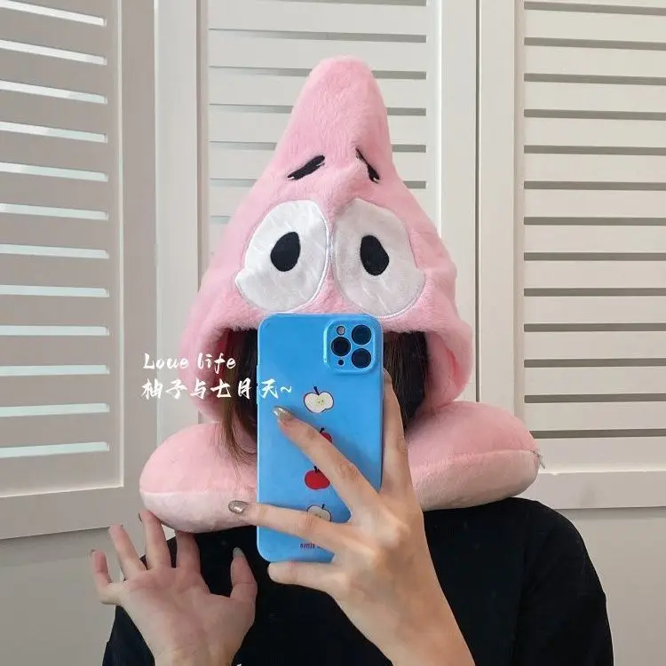 Kawaii Anime SpongeBob Hooded U-shaped Neck Pillow Cute Cartoon Travel Pillow Soft Foam Hat Pillow for Nap and Airplane Rest view 5
