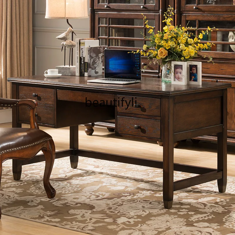 

American Retro Small Apartment Solid Wood Study Retro Writing Desk European Simple Office Table