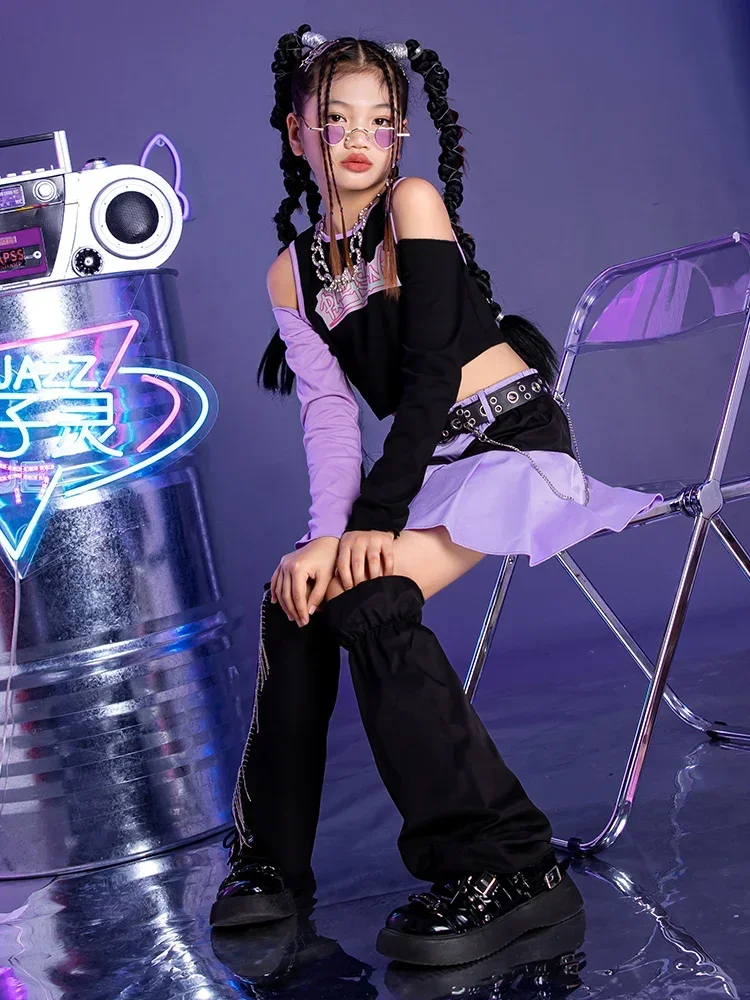 Gonna superiore a maniche lunghe per danza jazz per ragazze, set di costumi cool per bambini, abbigliamento da ballo di strada hip hop per bambini autunno e inverno