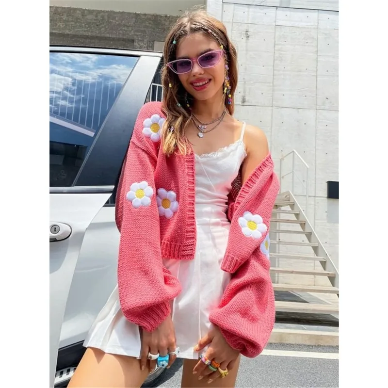 Casual Fashion Cardigan Women Sweet Flower Pattern Loose Short Style Long Sleeved Slim Comfortable Ladies Autumn Winter