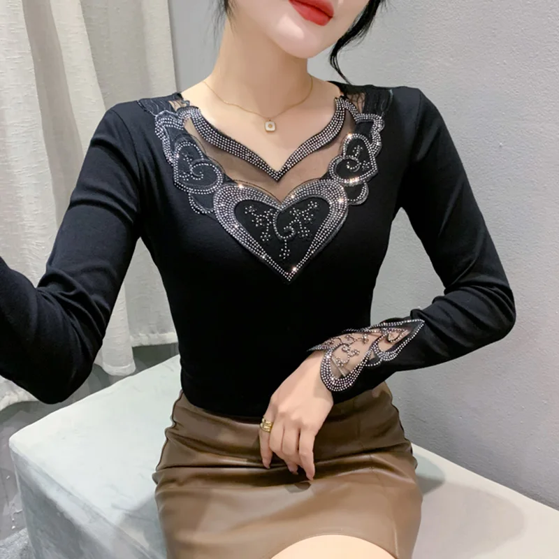 New 2025 Spring Long Sleeved V-Neck Black Mesh Tops Elegant Slim Sexy Hollow Out Hot Drilling Women's T-Shirt M-3XL Tee