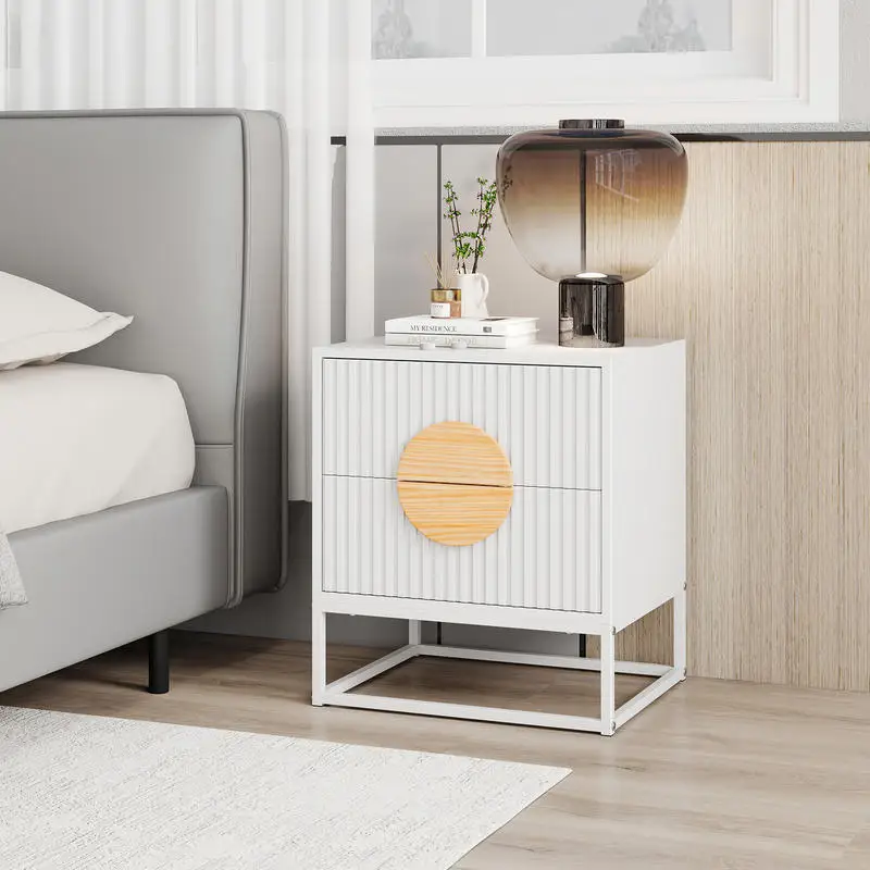 

Modern Mid Century Fluted Nightstand with 2 Drawers and Pine Wood Handles for Bedroom-White