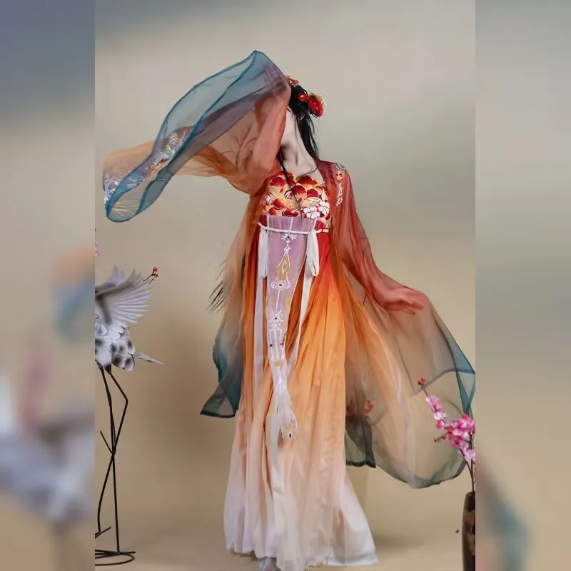중국 한푸 원피스 여성 카니발 요정 코스프레 코스튬 당나라 자수 그라데이션 오렌지 한푸 파티 복장