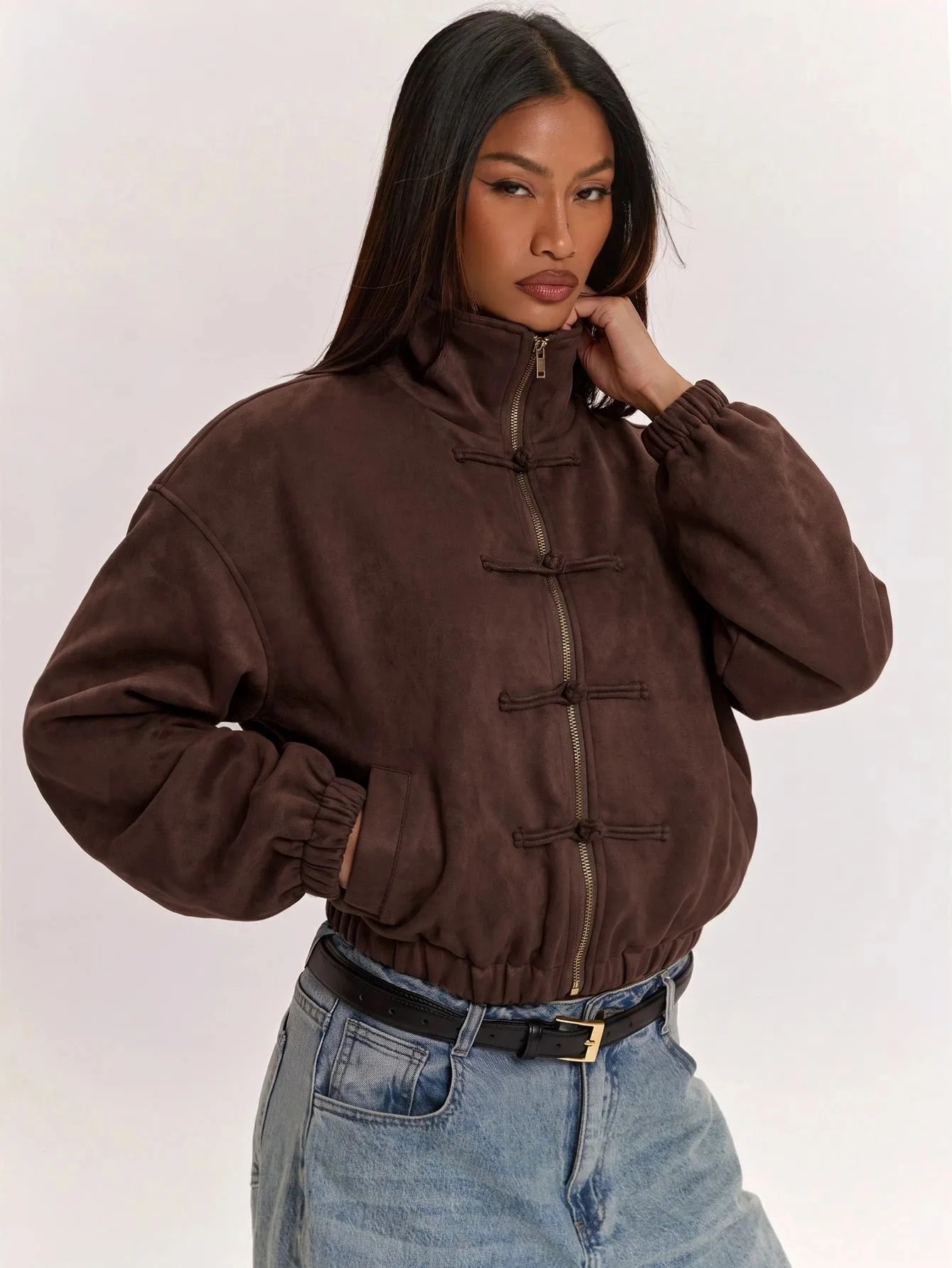 Women Fashionable Aesthetics Cropped Jacket New Chinese Frog Button Stand Collar Zip Up Long Sleeve Elastic Hem Bomber Outerwear
