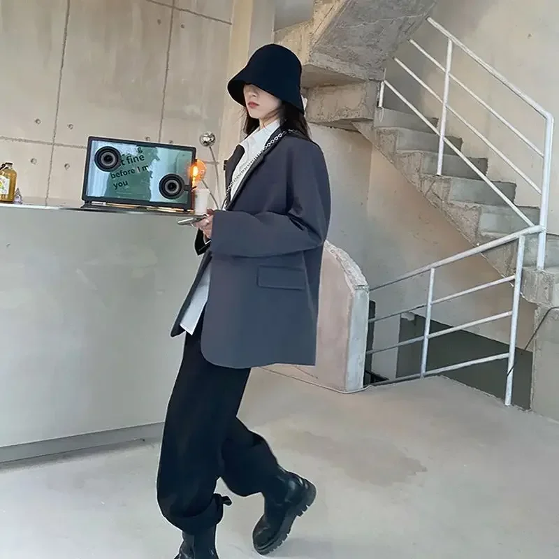 Korean Style Gray Blazer for Women Spring Autumn Long Sleeve Loose Suit Coat Woman Single Breasted Chic Jackert Female