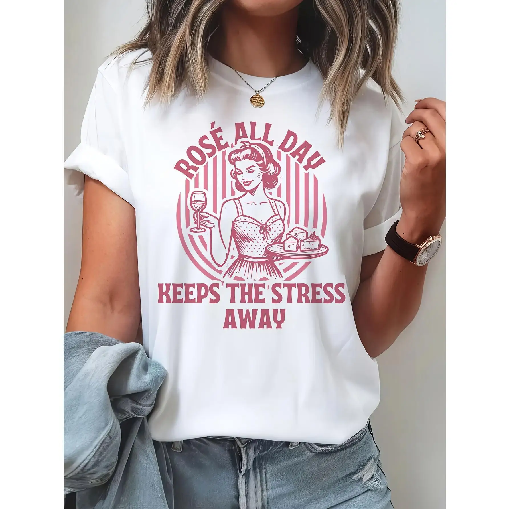 

Rosé All Day Funny Graphic Tee for Women - Vintage Wine Girl T Shirt Summer Picnic Outfit Casual Sisters Gift
