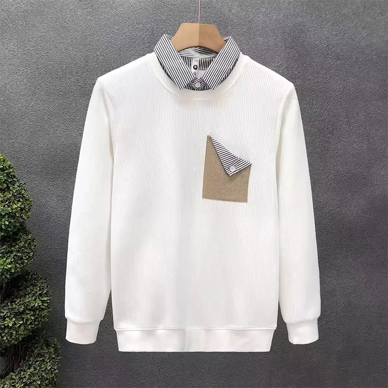 Autumn Winter Fake Two Pieces Fashion Harajuku Sweatshirt Men Casual Plus Velvet Tops Long Sleeve Pullover Y2K Chic Male Clothes