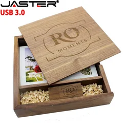 JASTER-Clés USB 3.0 avec boîte en bois, clé USB, disque U, album photo, cadeau de mariage, photographie, logo gratuit, 128 Go, 64 Go