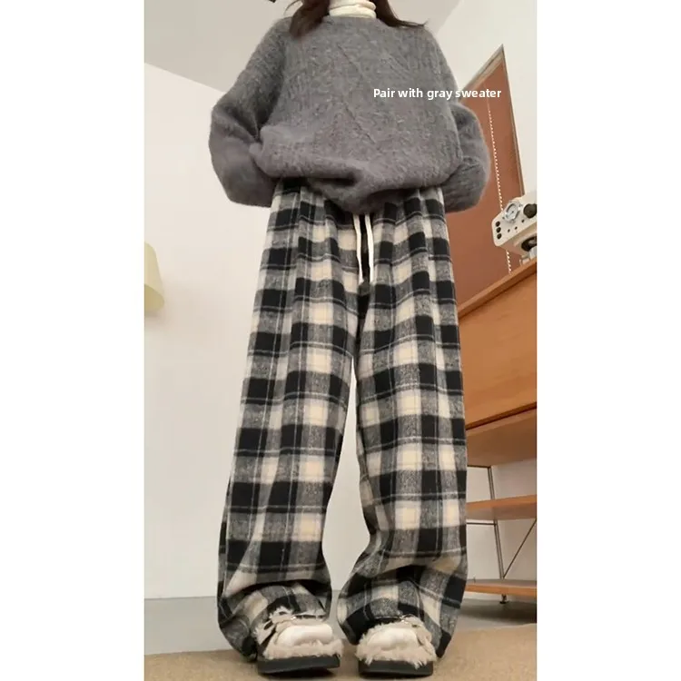 レトロクラシックな格子柄ウールパンツ レディース 秋冬 裏起毛 ゆったり スタイル フェイスライニング ドレープ カジュアル ワイドレッグパンツ