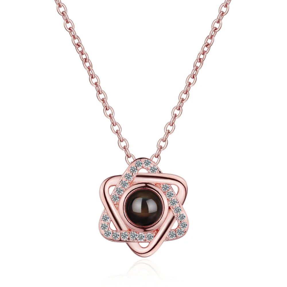 925 Sterling Silver Pendant Necklace Star Pendant with 100 Language Projection of Love Memory Short Clavicle Chain