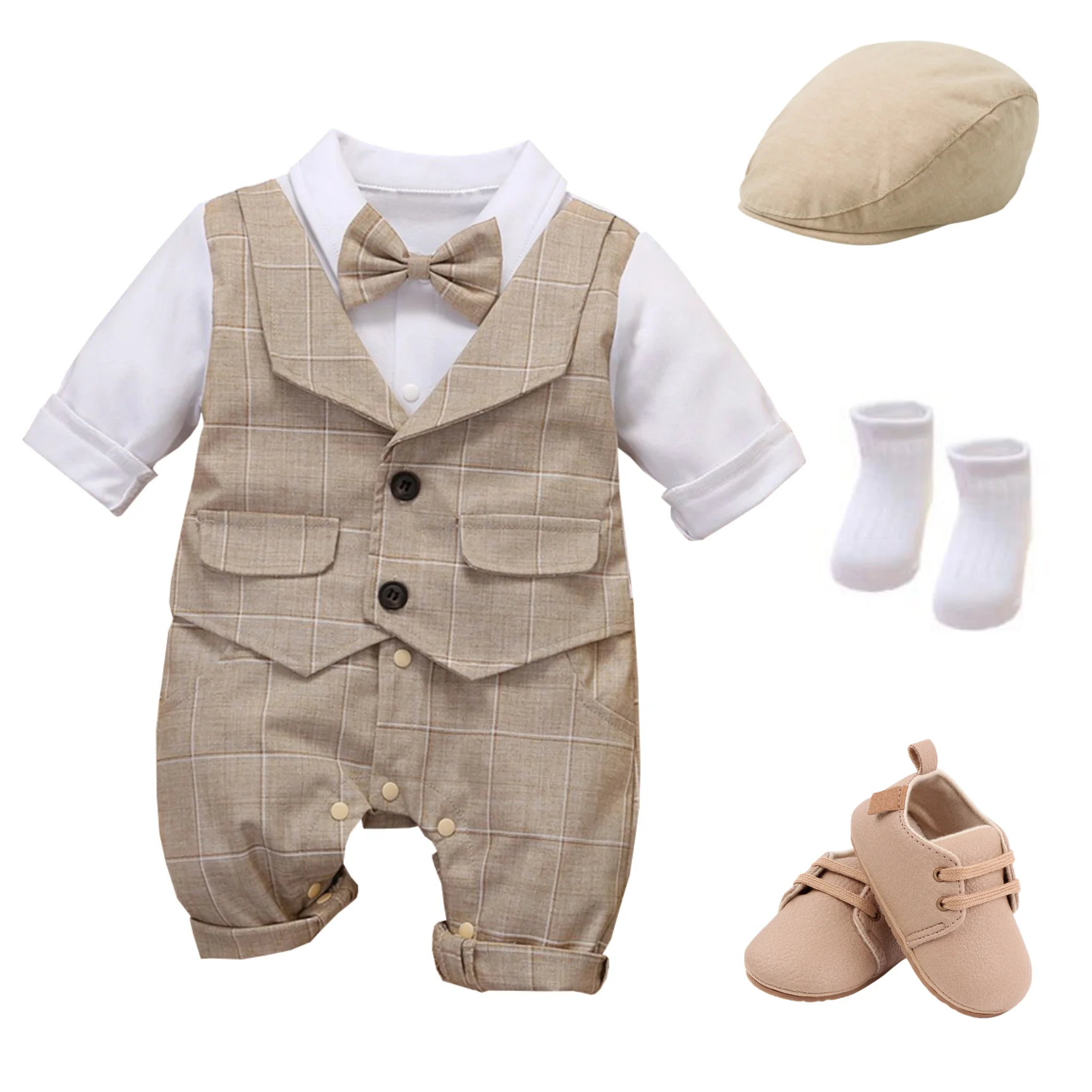 Boy Infant Plaid Outfit Clothing Set Newborn Formal Anniversary Dress Vest Romper 5PCS Toddler Child Cotton Party Suit 3-18 M