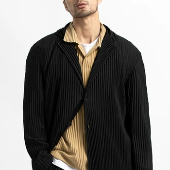 Miyake 남성용 플리츠 재킷, 블랙 정장, 스트레치 원단 슬림핏 코트, 하이 퀄리티 캐주얼 일본 스타일 블레이저 