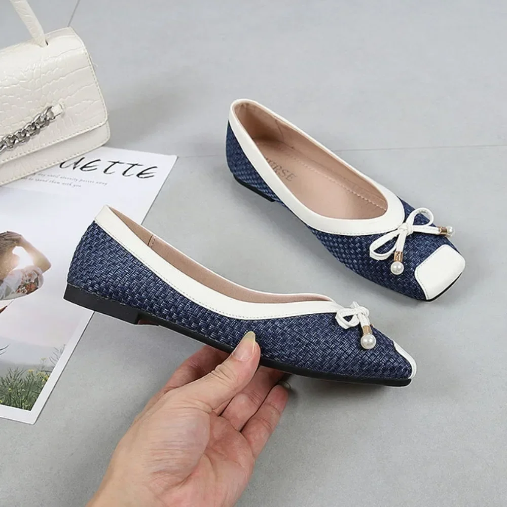 Women Flat Shoes Large Size Women\'s Shoes 43 44 Flat Sole Single Shoes Women 2024 New Blue Bow Shallow Mouth Square Toe Flats