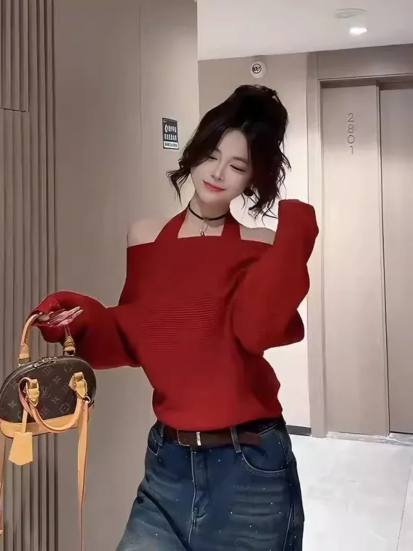 

Cisas, новогодний свитер на одно плечо с надписью «Асфера», женский зимний новый внутренний свитер, висящий жилет, топ-бот...