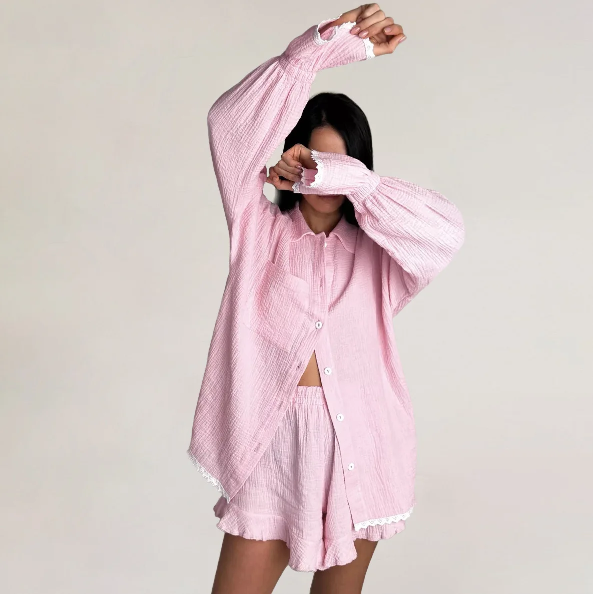 Casual Crape Cotton Pink Two Pieces Sets Women Lace Lantern Sleeve Shirts And Baggy Shorts Sleepwear Spring Summer