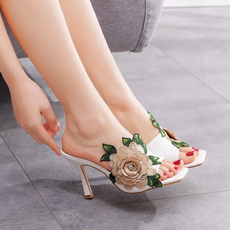 high heels for women sandals Square Toe Flower Slip On PU 9CM Thin Fashion Dress Sandals Women Shoes white slippers