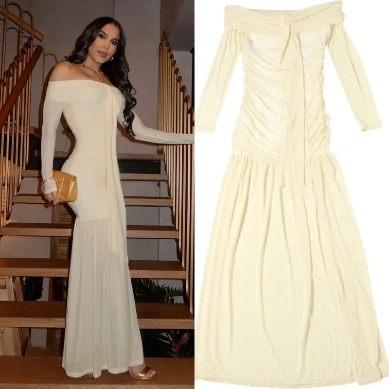 

Women's Slim Long Dress Slash Neck Full Sleeve Ruched Design With Mesh Splicing And Ribbon Accent Perfect Elegant Night Events