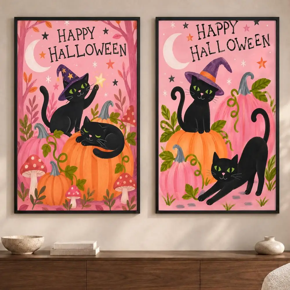 Festival H-Halloween Magic Black CatsS Poster Art  Self-Adhesive No Glue Residue Wall Sticker for Home Office Nursery