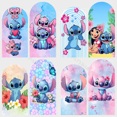 Boog Leuke Stitch en Angel Thema Achtergrond Kids Verjaardagsfeestje Achtergrond Polyester Boog Banner Fotografie Props