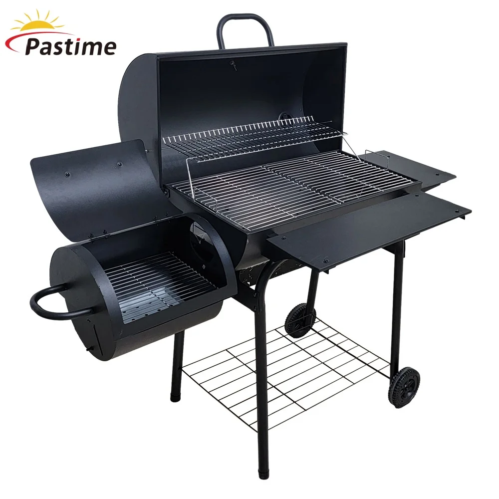 Modern Heavy Duty Steel Powder Coated Large Cooking Area Charcoal Grill with Offset Chimney Double Desk Trolley Barbecue