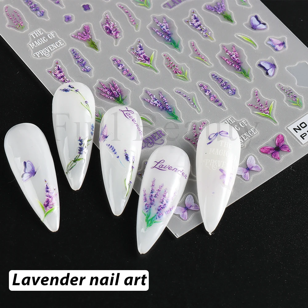 Lavender Nail Stickers Purple Flowers Butterfly Sliders For Nails Daisy Geometry Tulips Lettering Decal Manicure Decoration GLNO