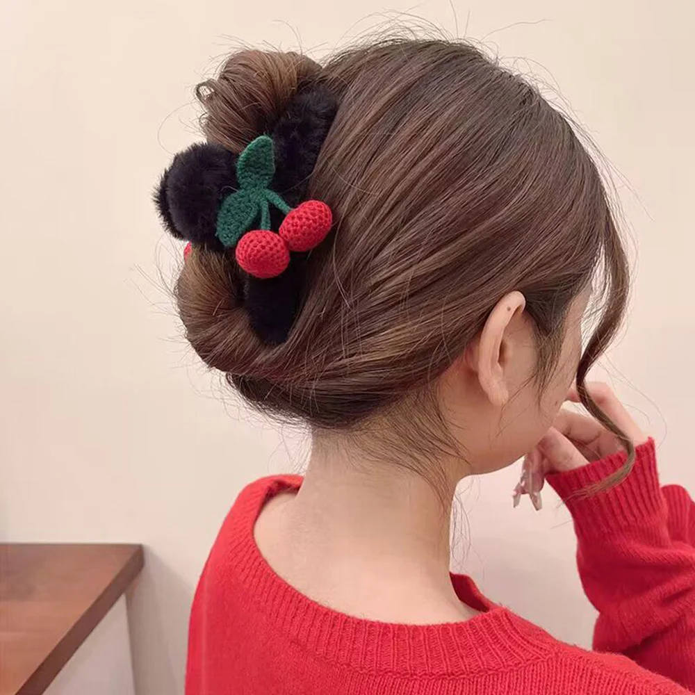 Autumn Solid Plush Cherry Hair Claw New Elegant Ponytail Hair Clip Simple Versatile Hair Accessories Woman Hairpin Shark Clip