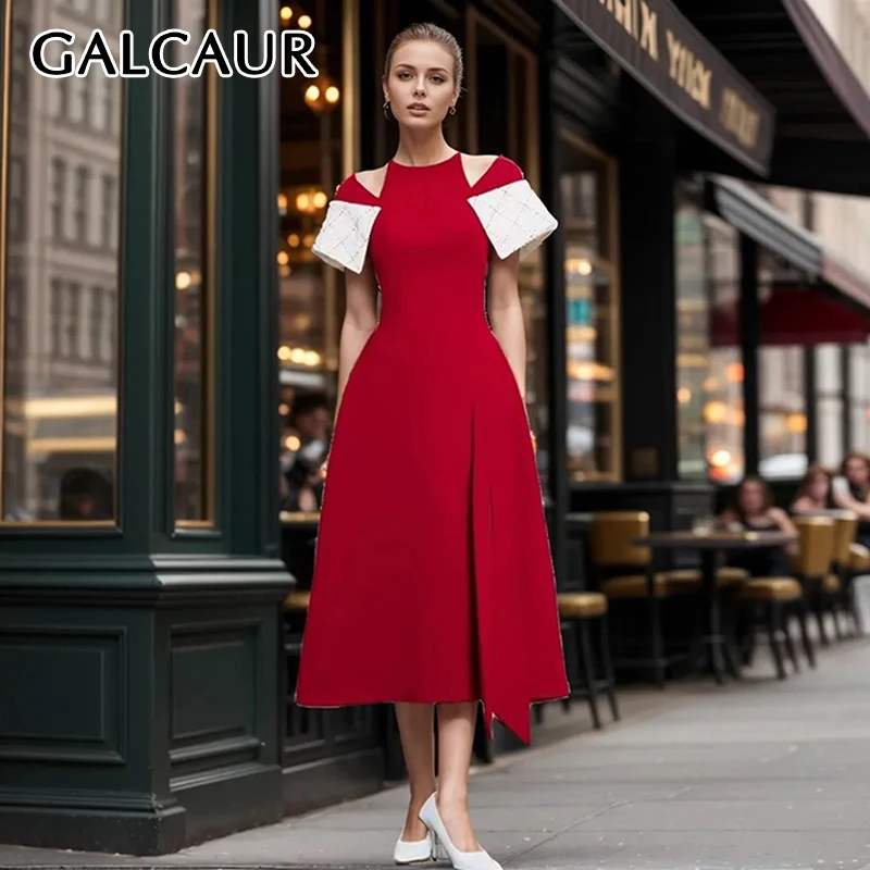 

GALCAUR Patchwork Plaid Hollow Out Midi Dress Women O Neck Short Sleeve High Waist Spliced Folds Split Formal Dresses Female New