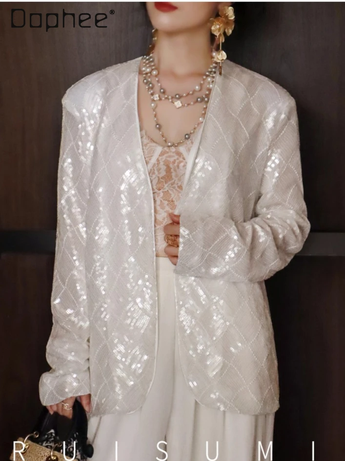

French Fashion High-End White Sequin Plaid Loose Versatile Heavy Craft Design Blazer Women Elegant Socialite Jackets for Women